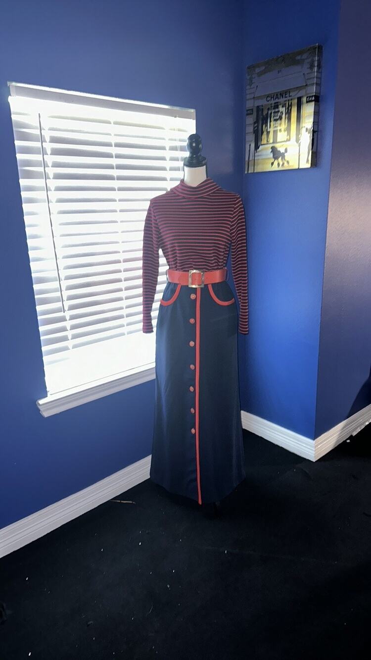 Vintage 1960s Howard Wolf Boutique Nautical Top & Skirt Set – Navy & Red – Rare